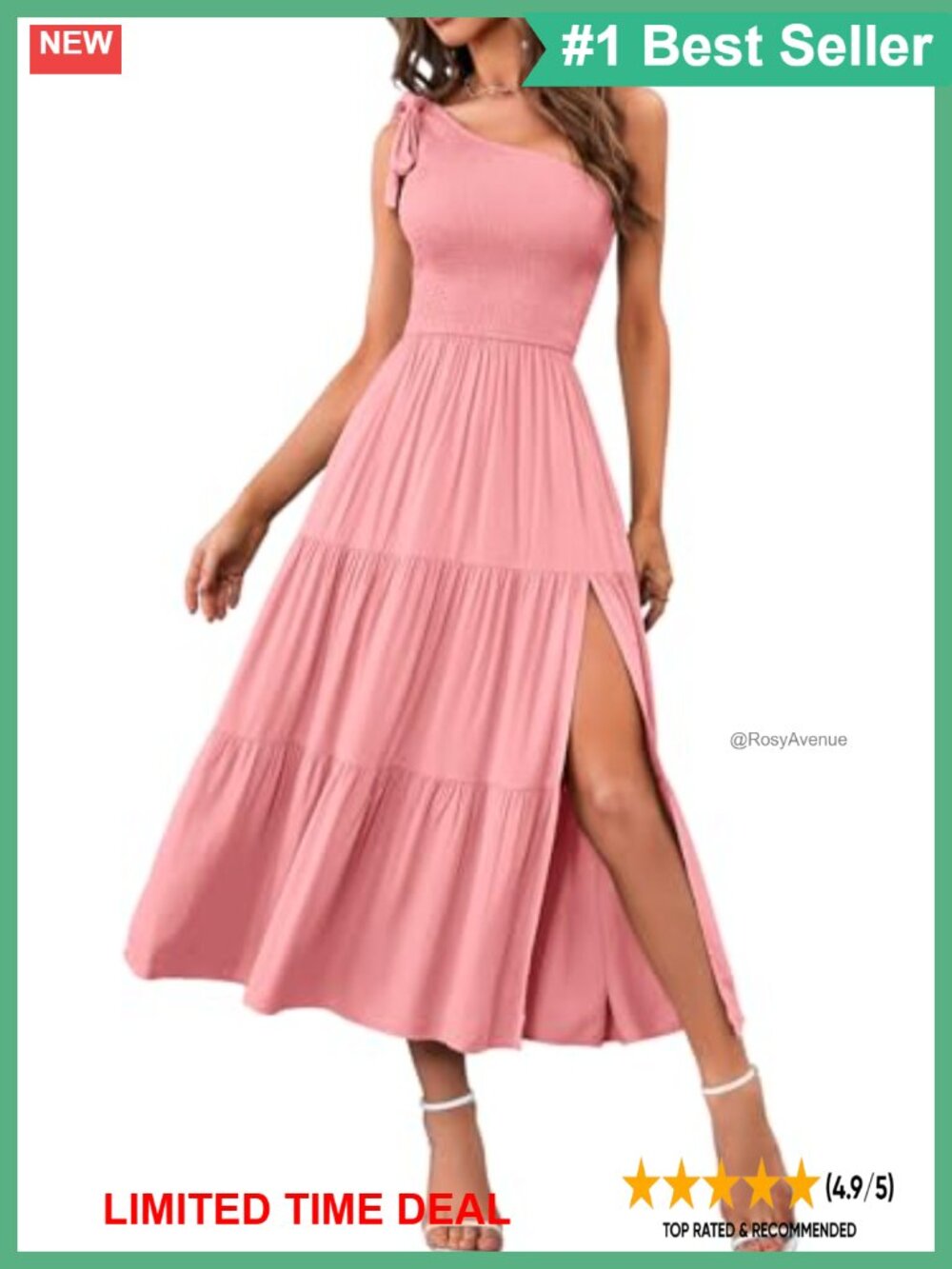 One Shoulder Smocked Midi Dress Sleeveless Tiered Ruffle A-Line